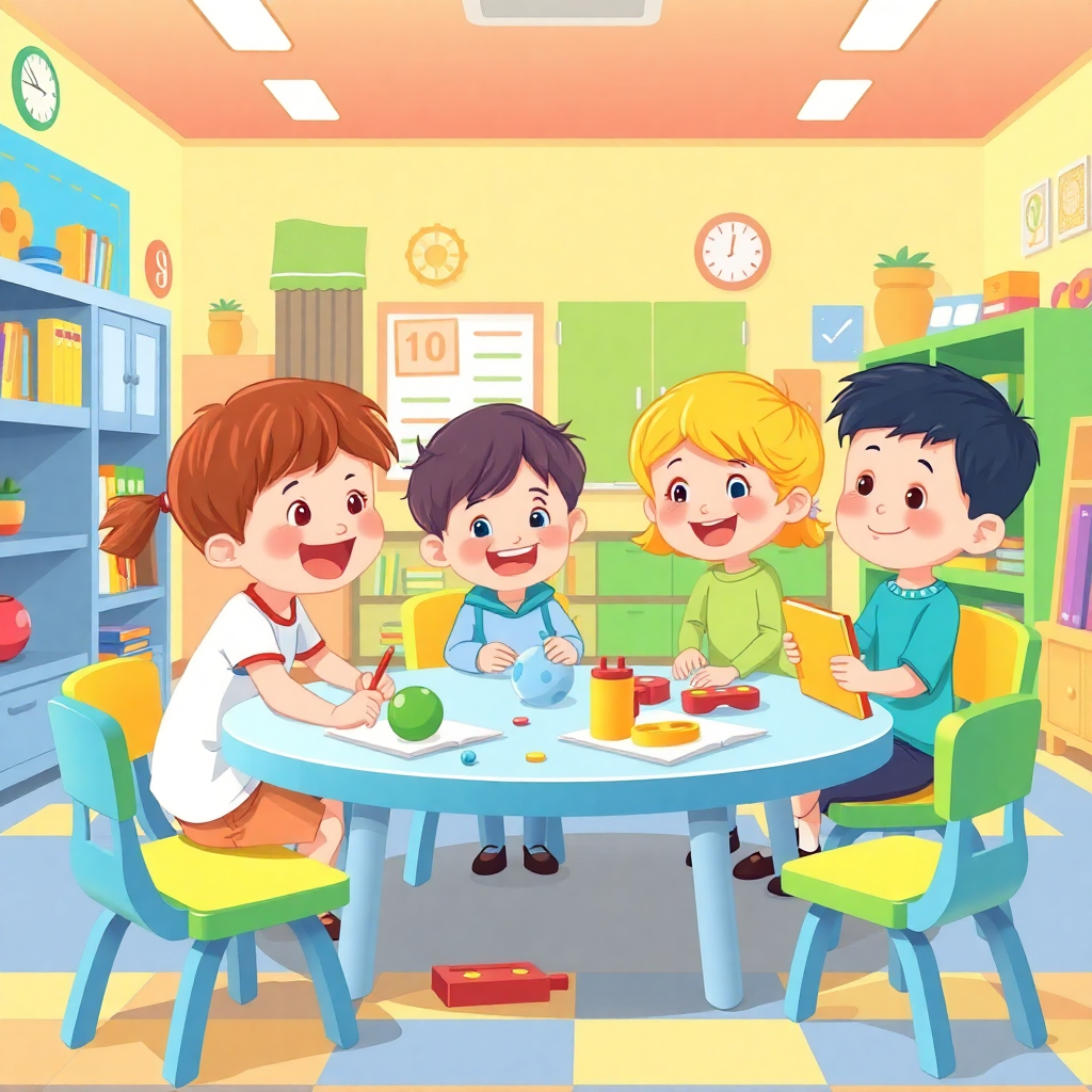 cartoon children learning and playing in a colorful classroom, educational toys and equipment, joyful atmosphere