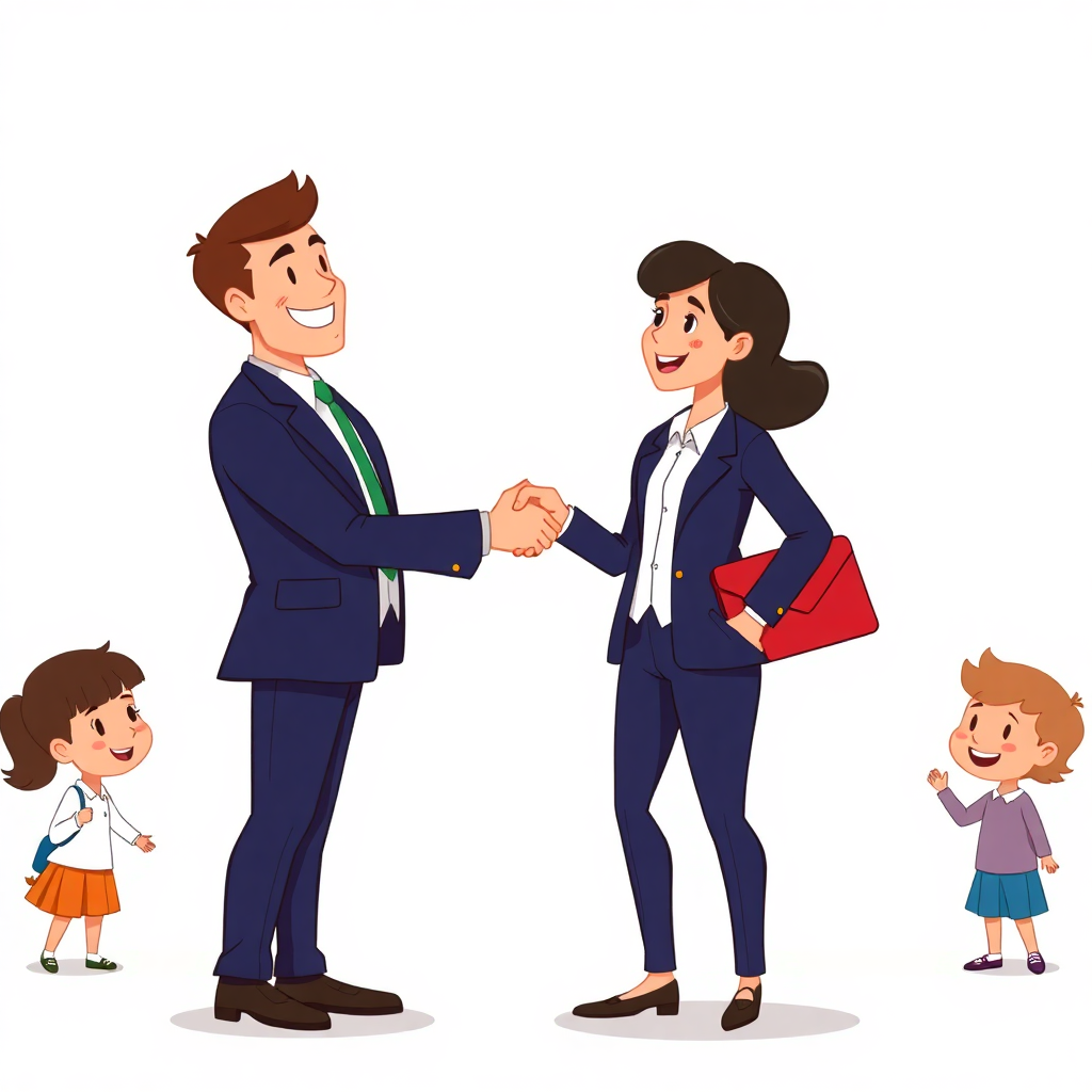 cartoon business partners shaking hands, education franchise, colorful children