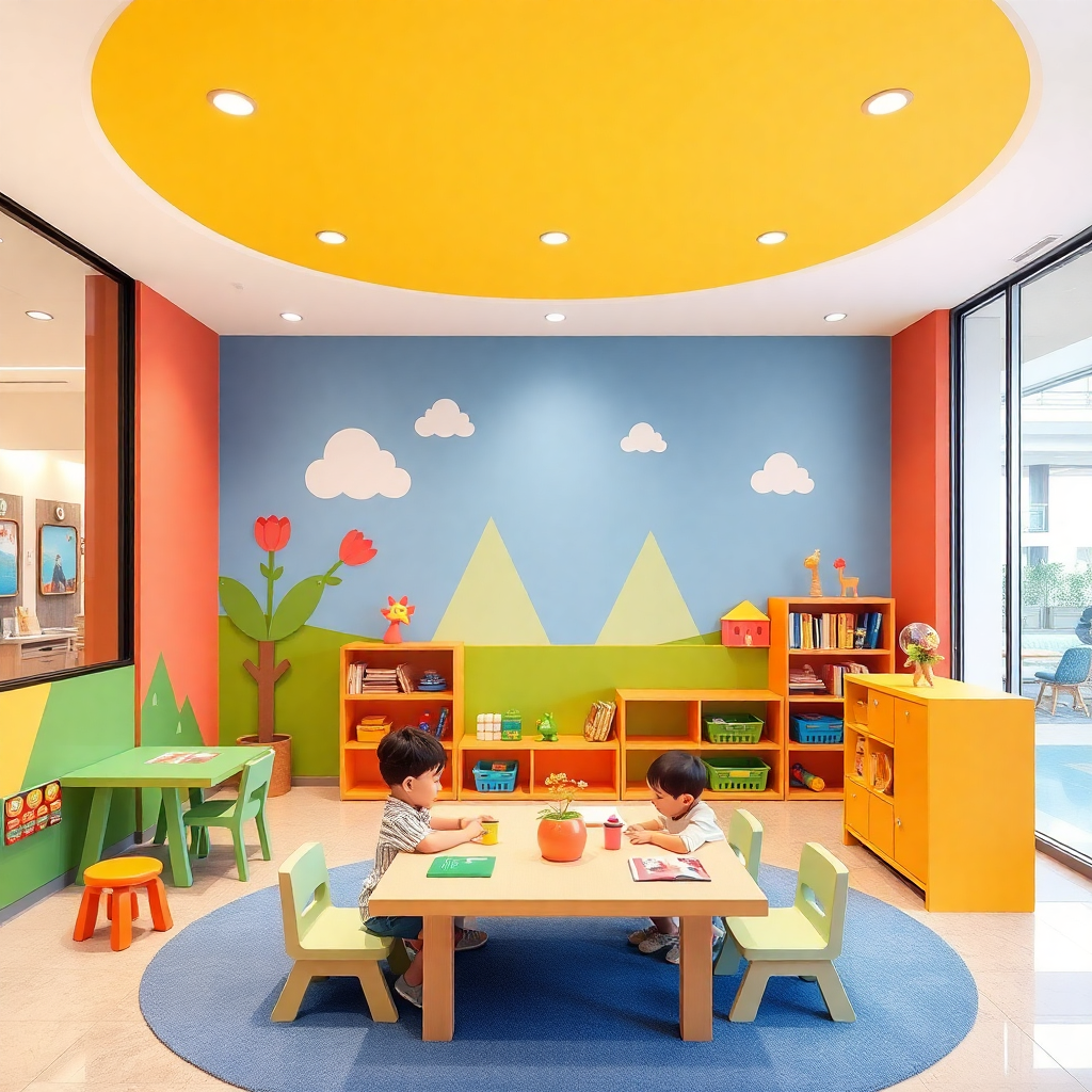 cartoon style modern kids learning center in a mall setting in Jakarta, bright and colorful