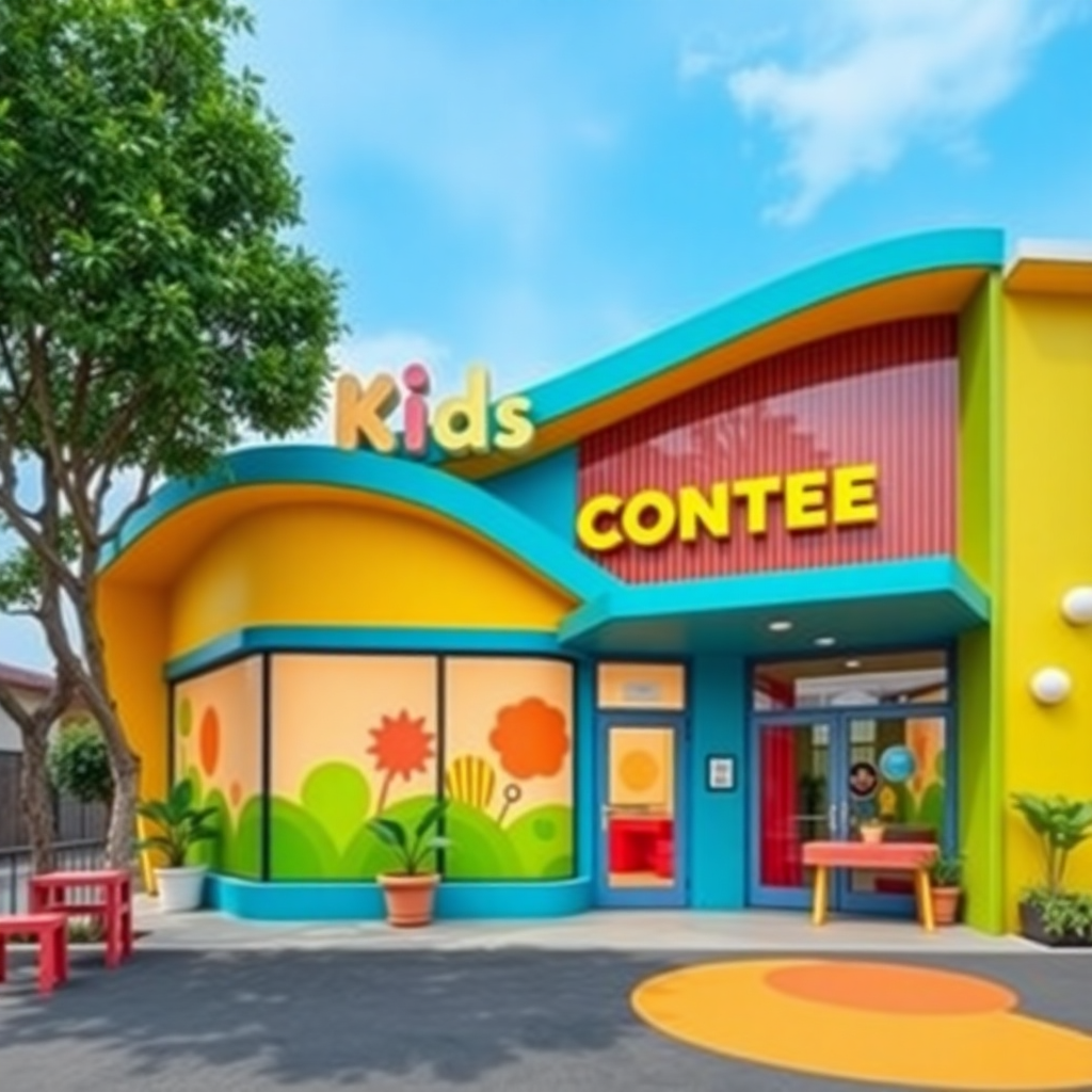 cartoon style modern kids learning center in a mall setting in Jakarta, bright and colorful
