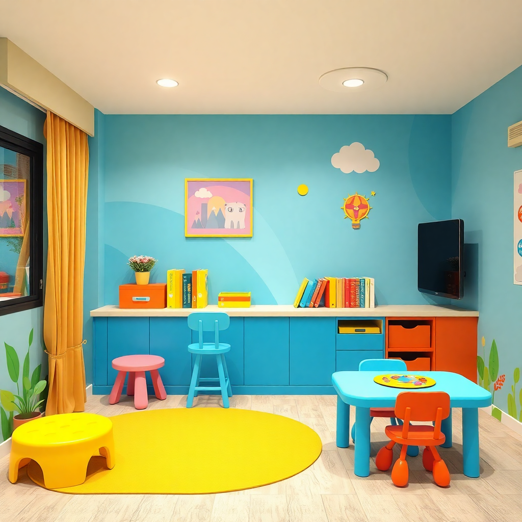 cartoon style modern kids learning center in a mall setting in Jakarta, bright and colorful