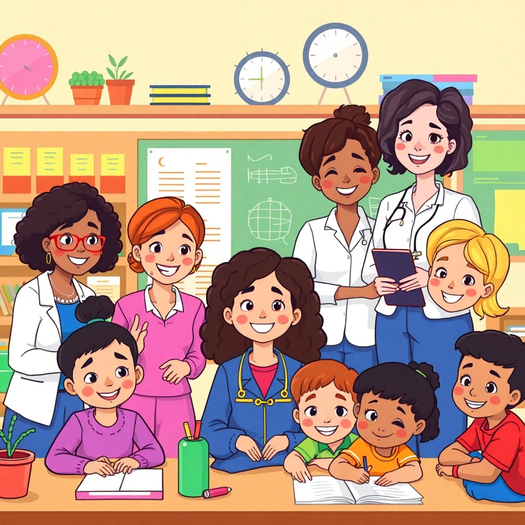 happy diverse teachers and educators working with children in a colorful classroom environment, cartoon style