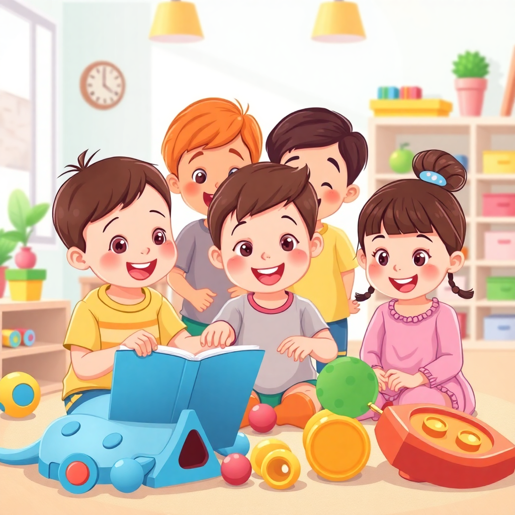 diverse children engaged in playful learning activities, bright classroom with educational toys, cartoon style