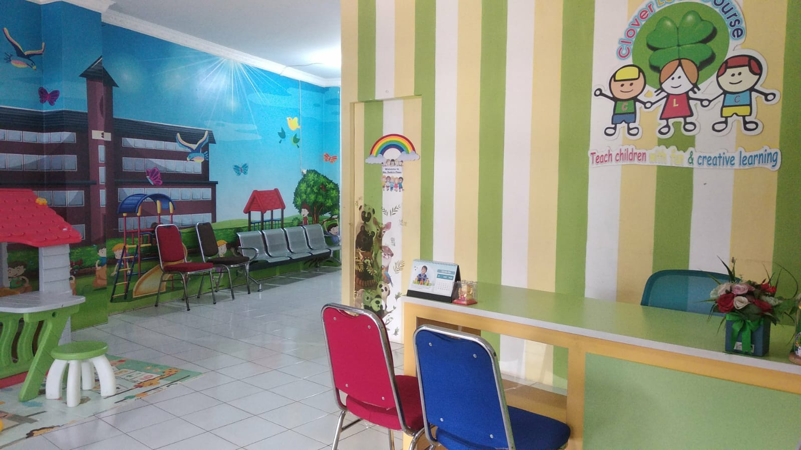 cartoon style modern kids learning center in a mall setting in Jakarta, bright and colorful