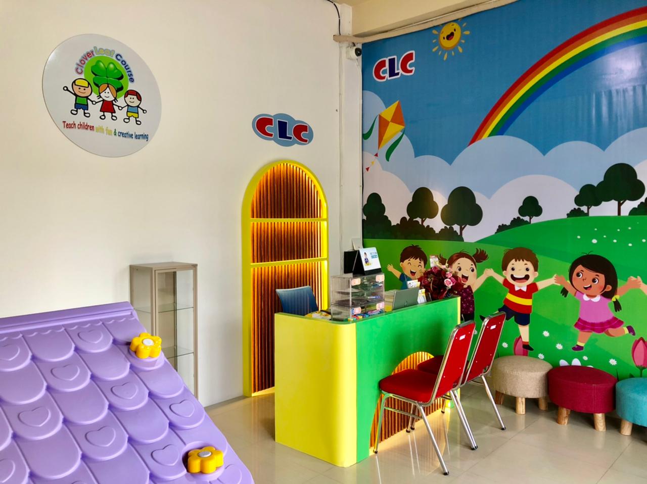 cartoon style modern kids learning center in a mall setting in Jakarta, bright and colorful