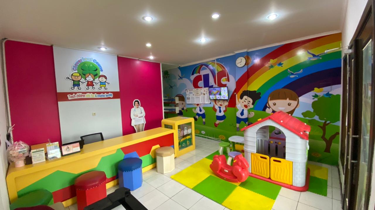 cartoon style modern kids learning center in a mall setting in Jakarta, bright and colorful