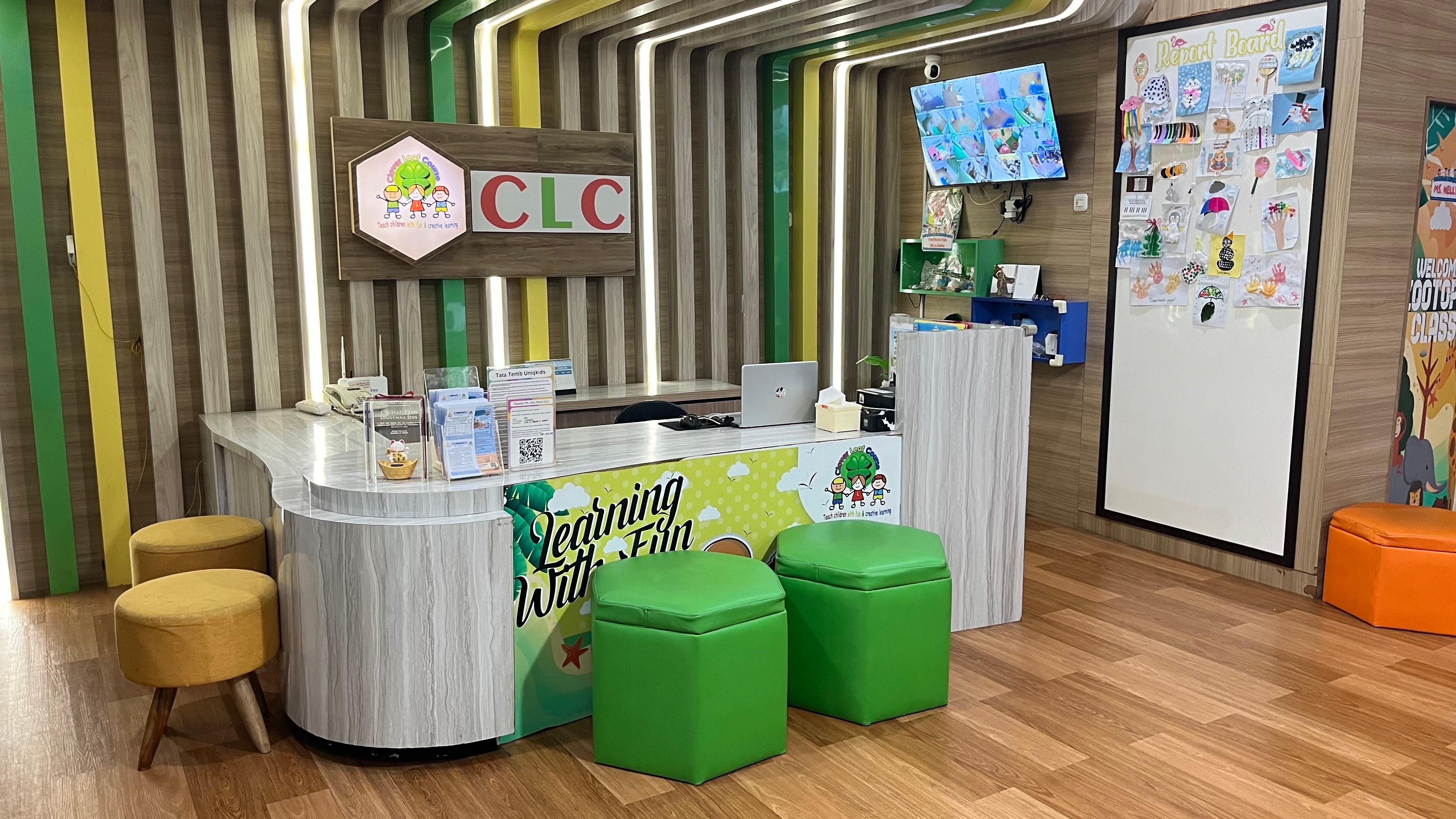 cartoon style modern kids learning center in a mall setting in Jakarta, bright and colorful
