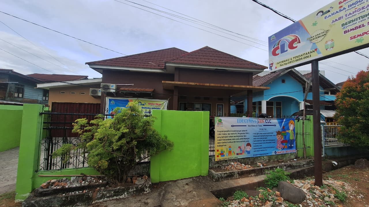 cartoon style modern kids learning center in a mall setting in Jakarta, bright and colorful