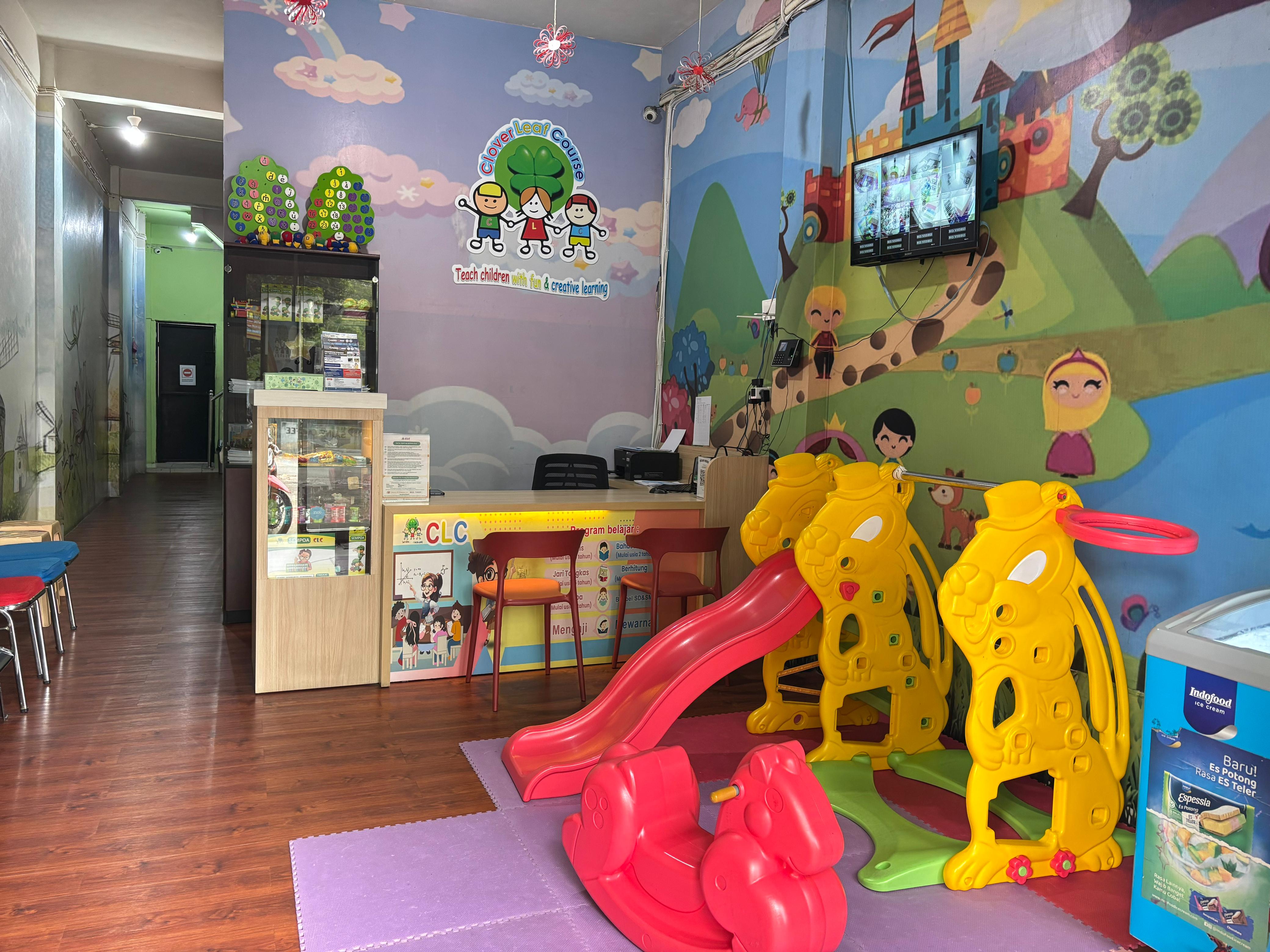 cartoon style modern kids learning center in a mall setting in Jakarta, bright and colorful