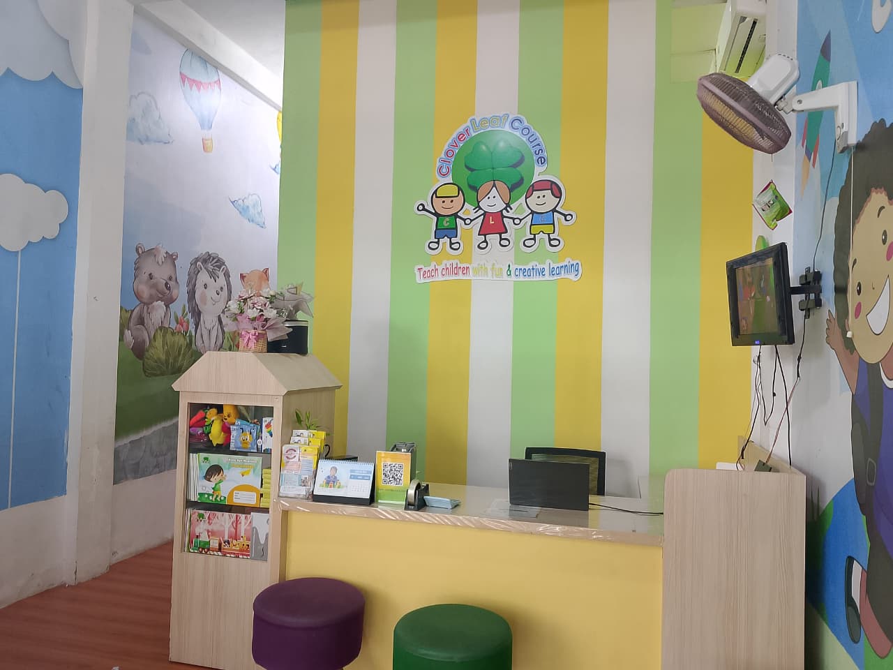 cartoon style modern kids learning center in a mall setting in Jakarta, bright and colorful