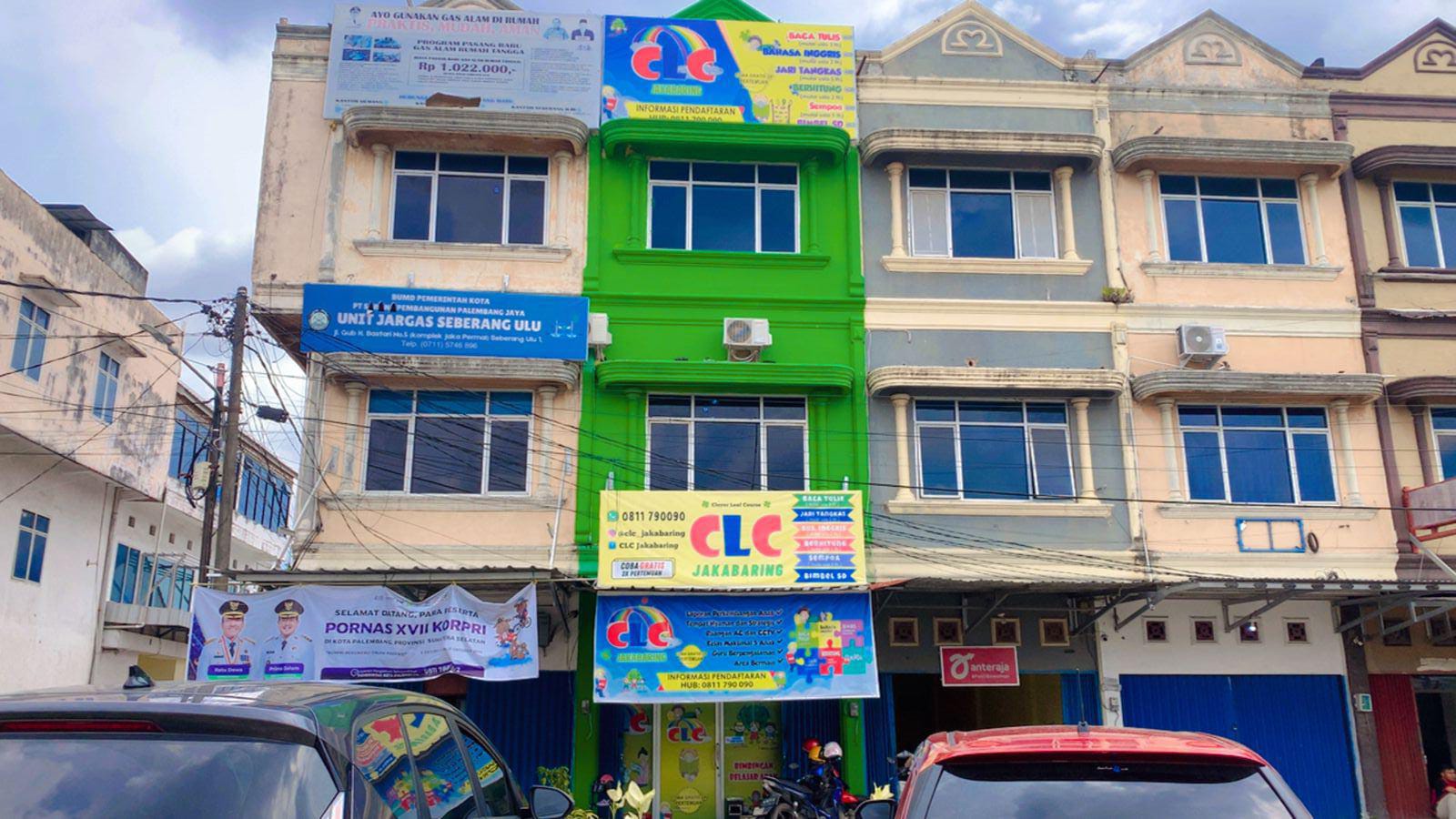 cartoon style modern kids learning center in a mall setting in Jakarta, bright and colorful