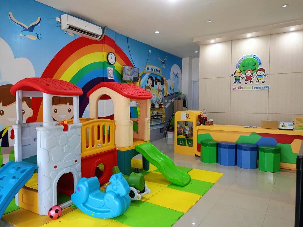 cartoon style modern kids learning center in a mall setting in Jakarta, bright and colorful