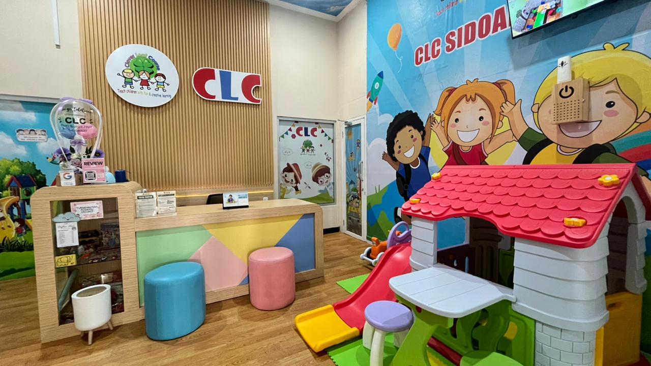 cartoon style modern kids learning center in a mall setting in Jakarta, bright and colorful