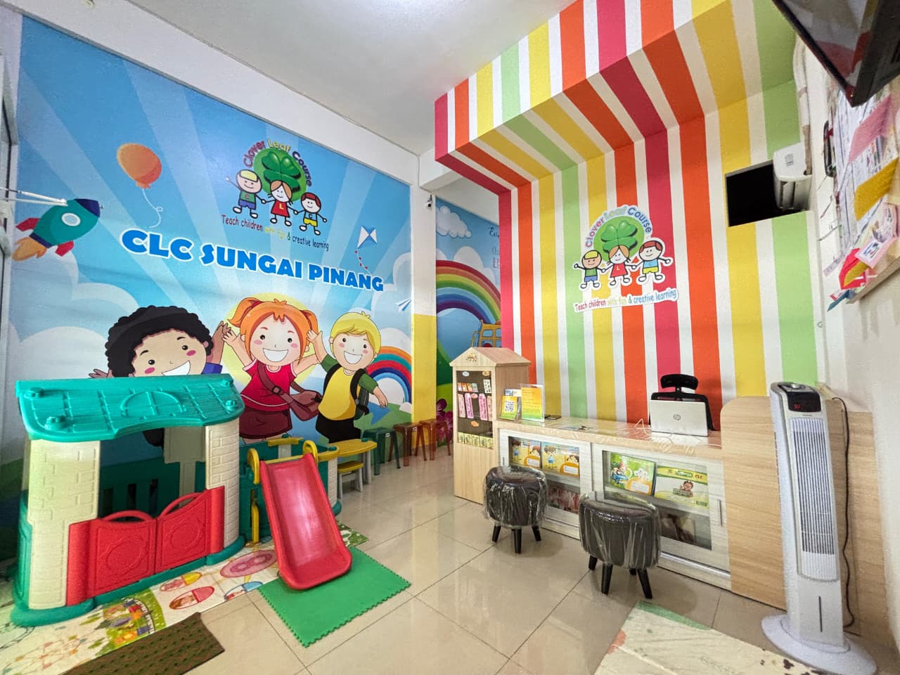 cartoon style modern kids learning center in a mall setting in Jakarta, bright and colorful
