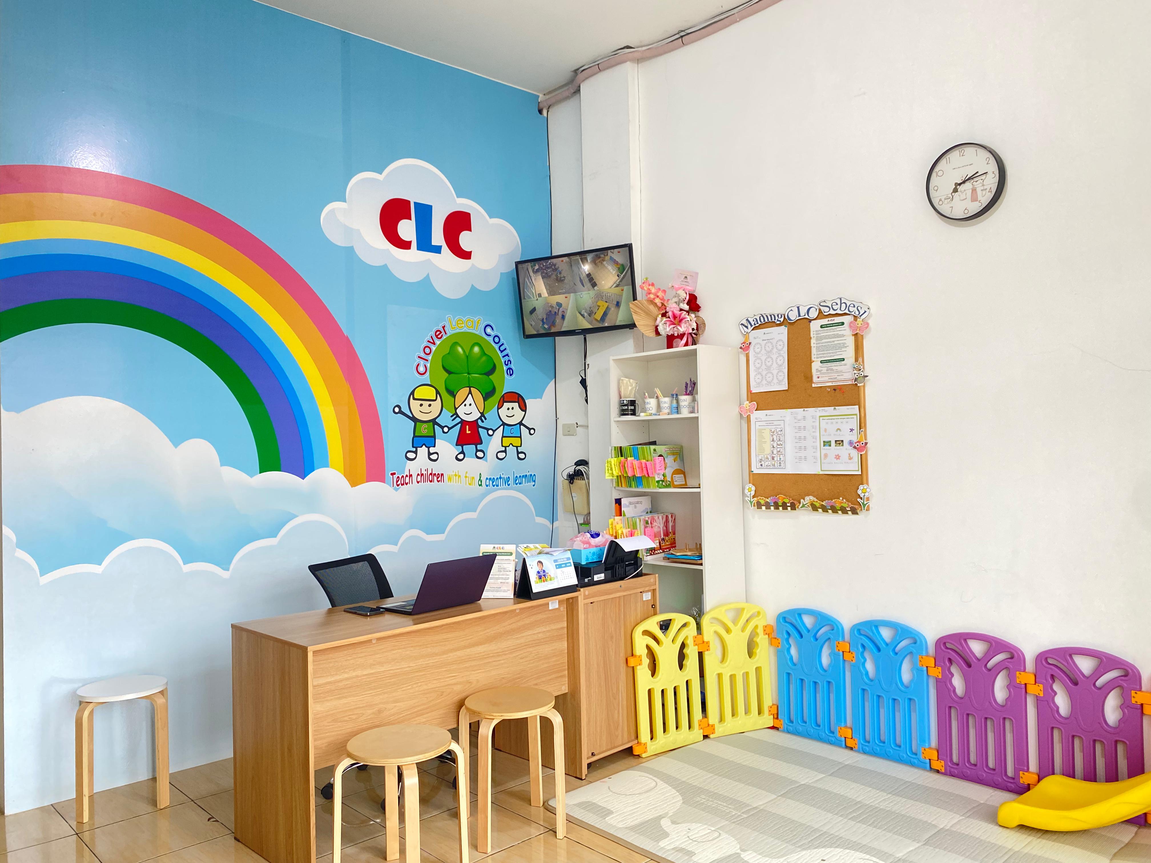 cartoon style modern kids learning center in a mall setting in Jakarta, bright and colorful
