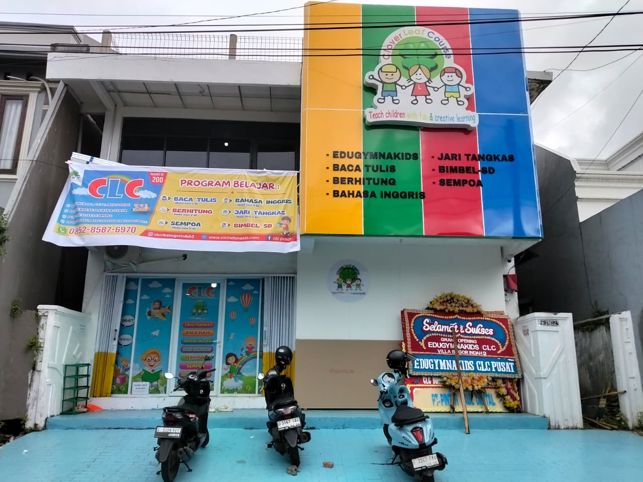 cartoon style modern kids learning center in a mall setting in Jakarta, bright and colorful