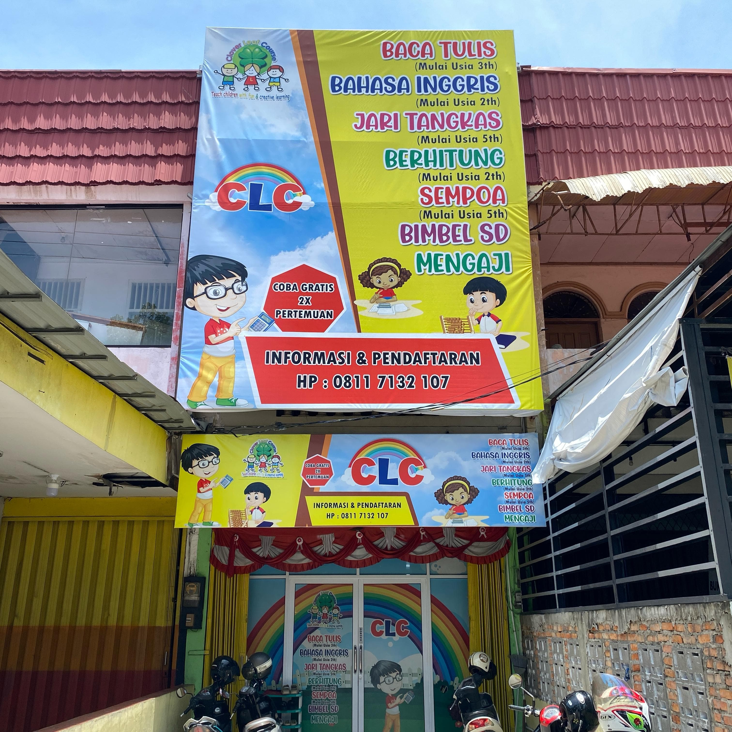 cartoon style modern kids learning center in a mall setting in Jakarta, bright and colorful
