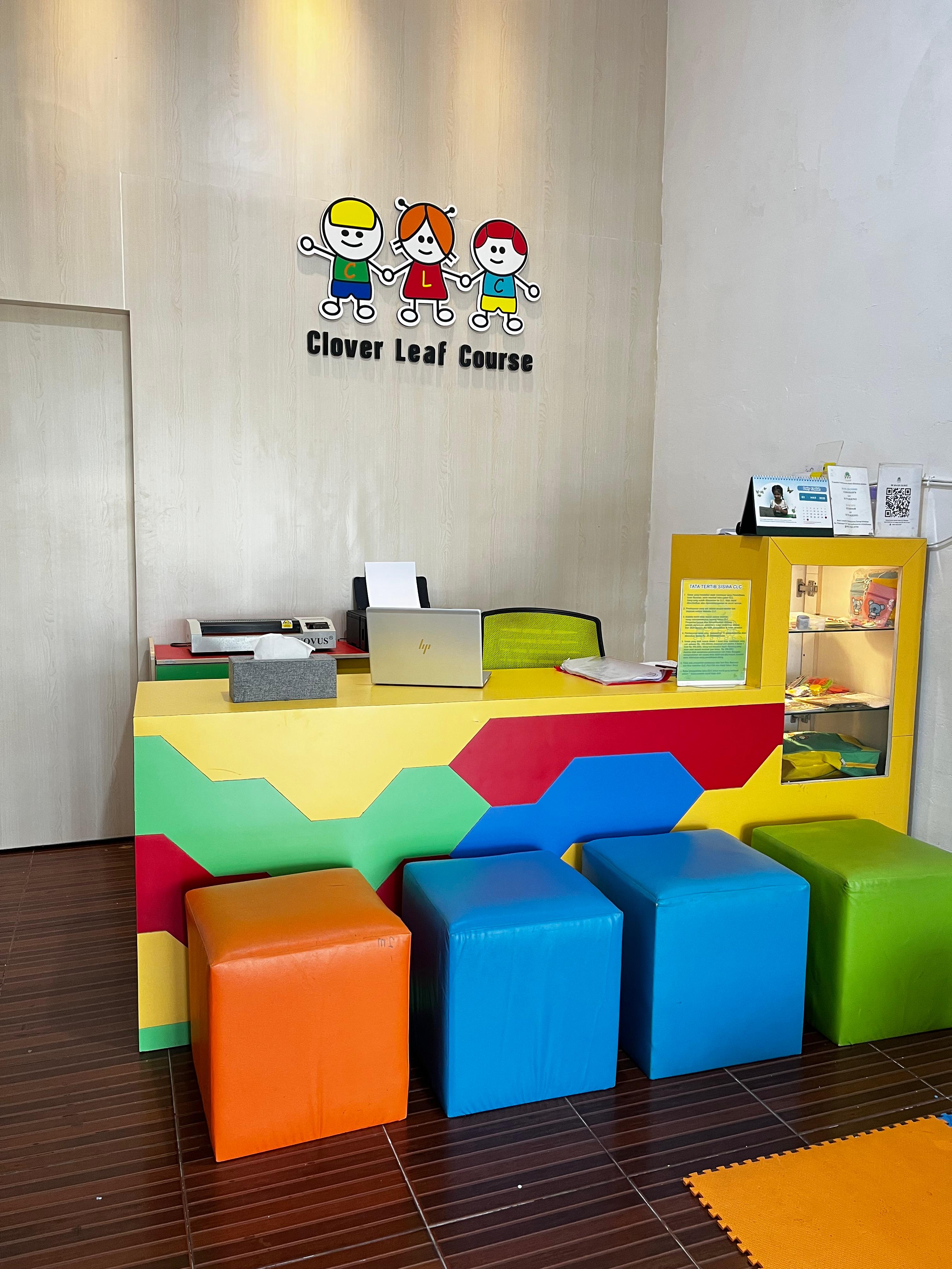 cartoon style modern kids learning center in a mall setting in Jakarta, bright and colorful