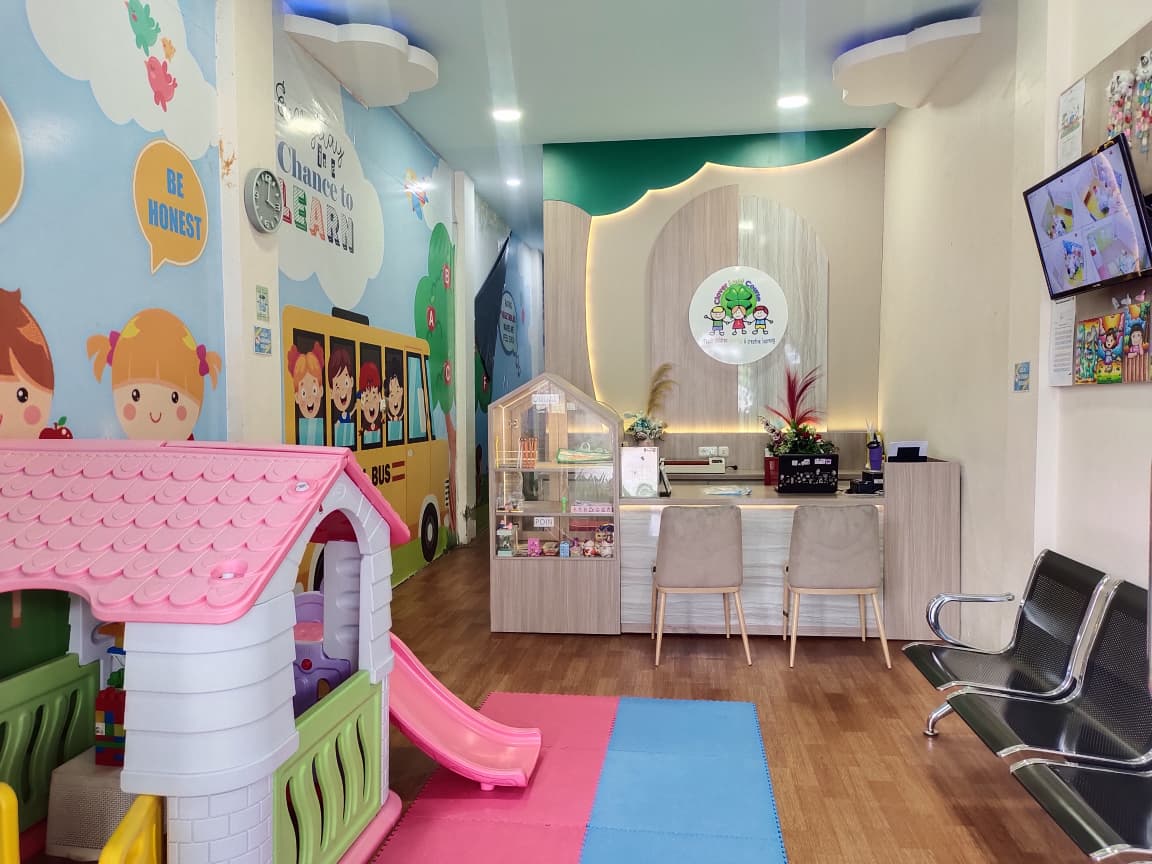 cartoon style modern kids learning center in a mall setting in Jakarta, bright and colorful
