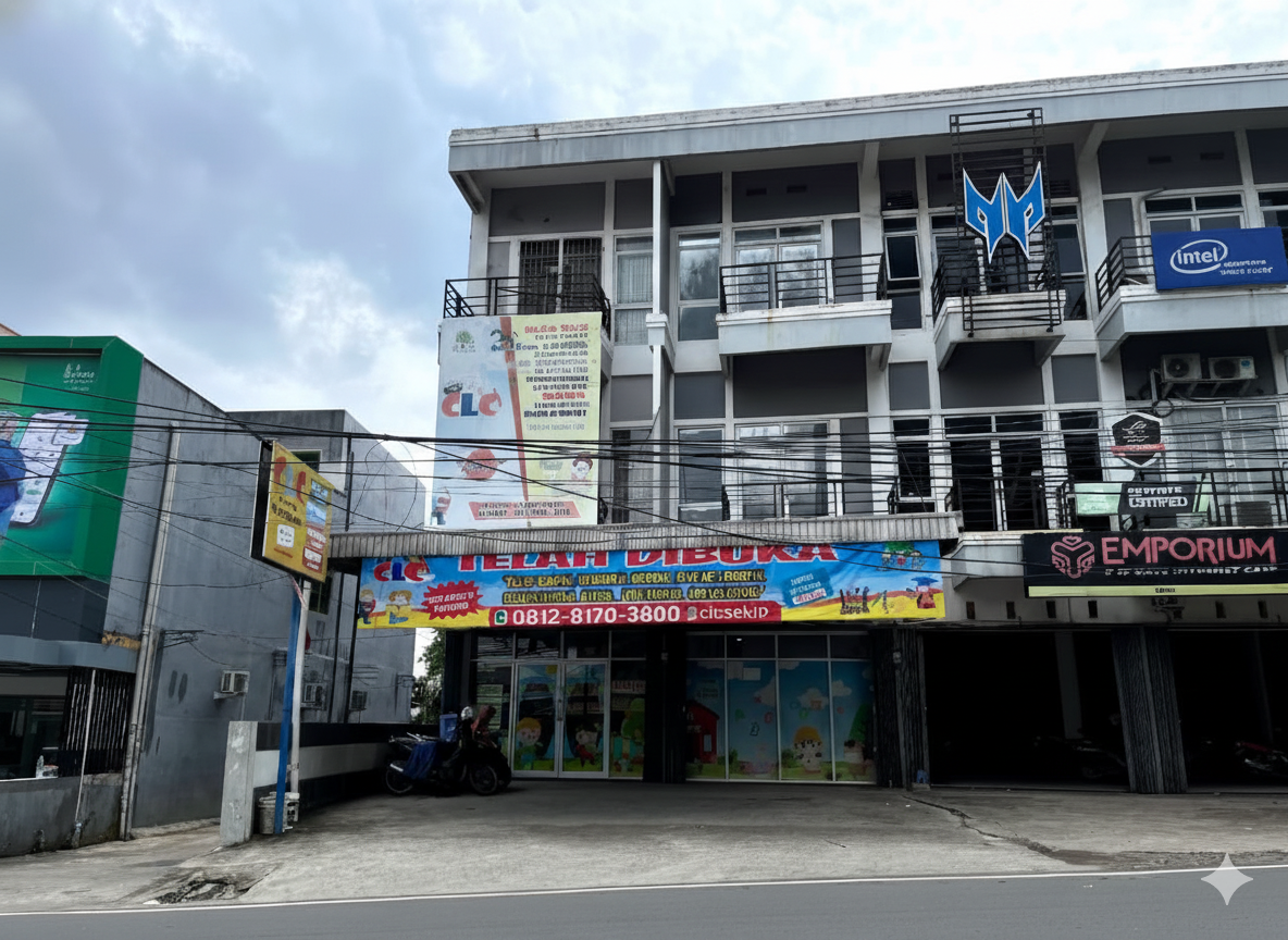 cartoon style modern kids learning center in a mall setting in Jakarta, bright and colorful